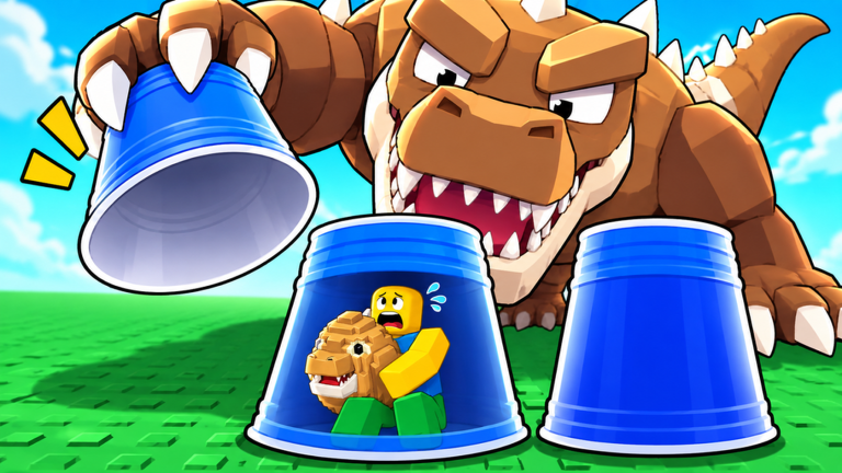 Official Shuffle an Egg promotional artwork showing a character and an animal beneath blue cups